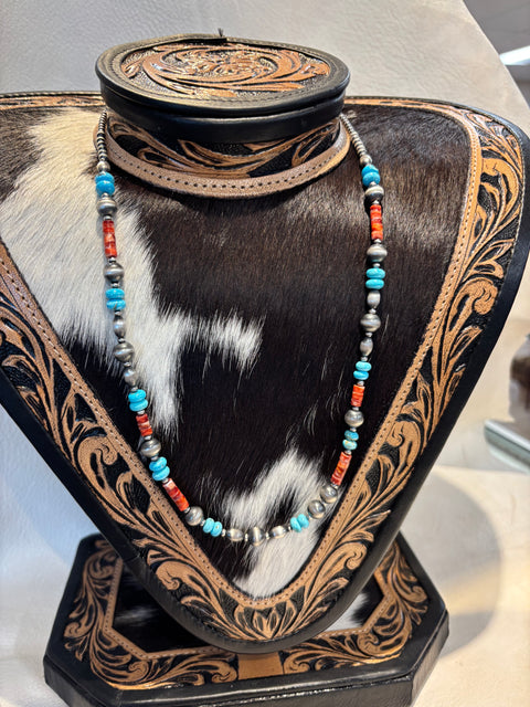 24" Silver Pearl, Turquoise, & Coral Necklace HOO-