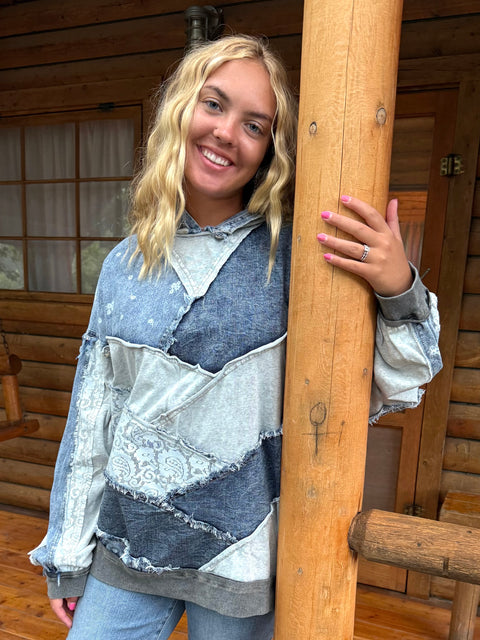 Washed Denim Patch Hoodie #152