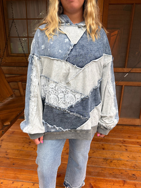 Washed Denim Patch Hoodie #152