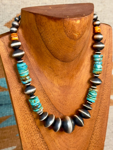 NAVAJO PEARL 16" TURQUOISE& SPINEY  ORANGE  HEE