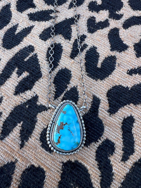 Scott Skeets Kingman Web Turquoise Teardrop Pendant Necklace  SHI-