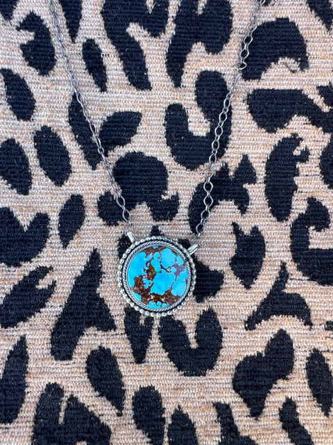 Scott Skeets Kingman Web Turquoise Round Pendant Necklace  SHI-
