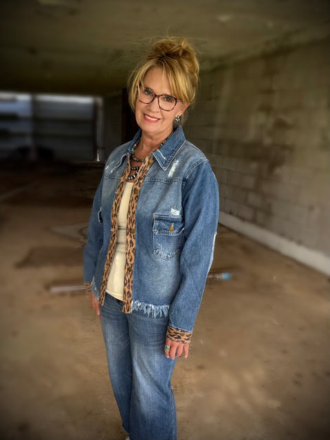 JK254 Distressed Denim Leopard Jacket #49